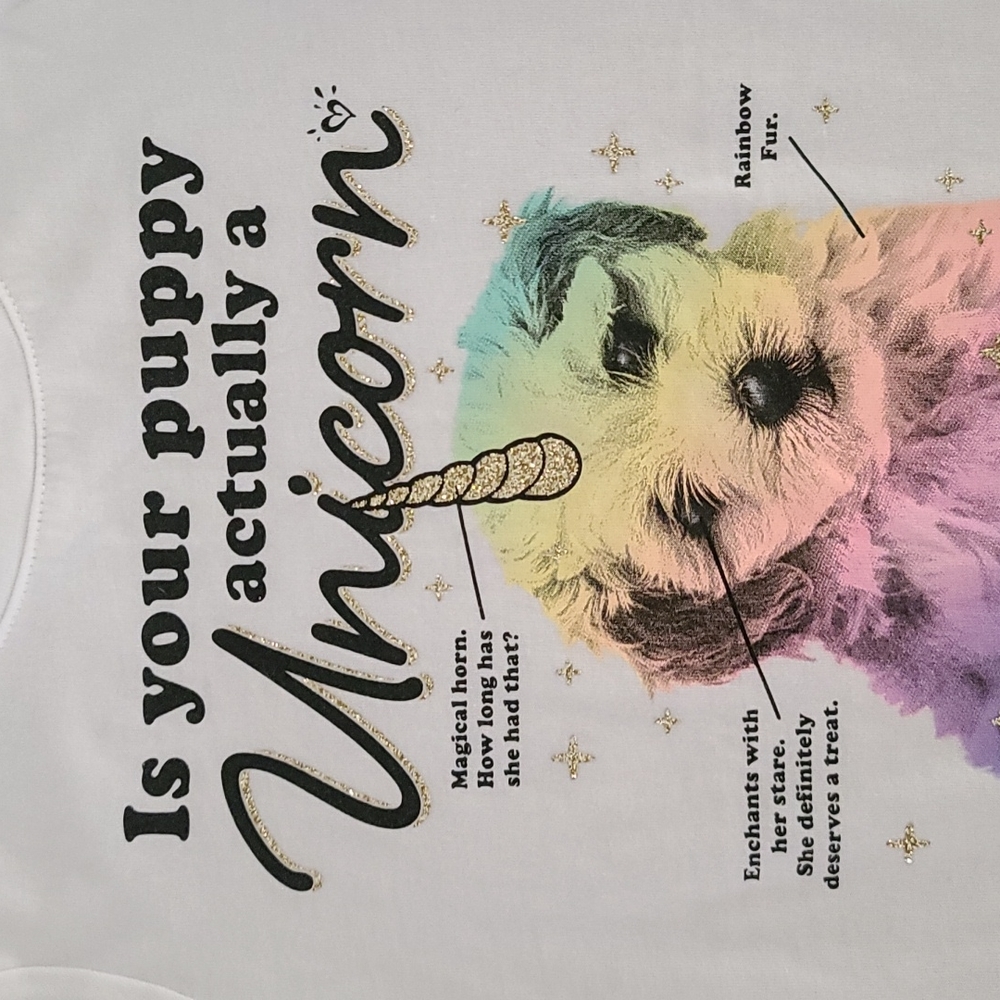 JUSTICE Is Your Puppy Actually a Unicorn Graphic Tee Girls 6 7 Glitter Rainbow - Picture 6 of 14
